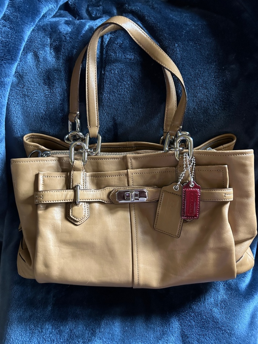 Coach Tan Gaucho Leather Shoulder Bag with Red Tag Accent